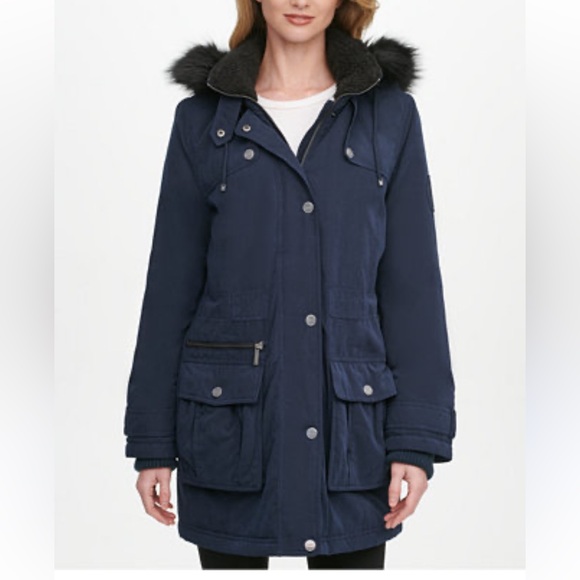 NWT DKNY Women's Dark Blue Faux Fur Water Resistant Anorak Coat XL 23 1/2 Pit - Picture 16 of 16